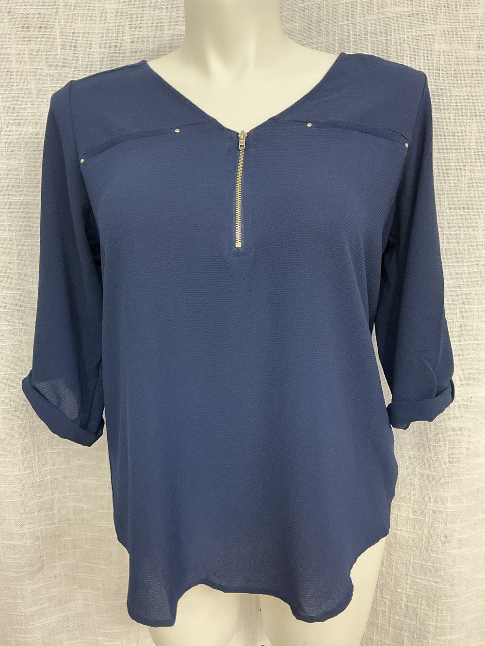 Tempted Hearts Navy Zip-Pocket Blouse